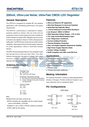 RT9178-24GBR datasheet - 200mA, Ultra-Low Noise, Ultra-Fast CMOS LDO Regulator