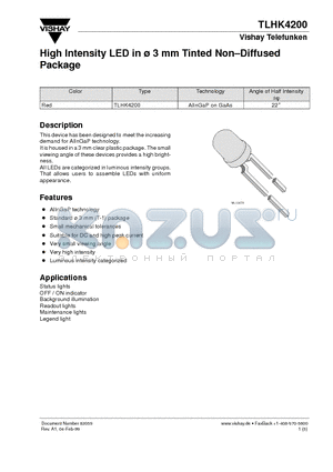 TLHK4200 datasheet - High Intensity LED in 3 mm Tinted Non.Diffused Package