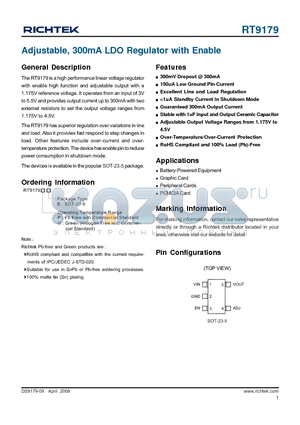 RT9179 datasheet - Adjustable, 300mA LDO Regulator with Enable