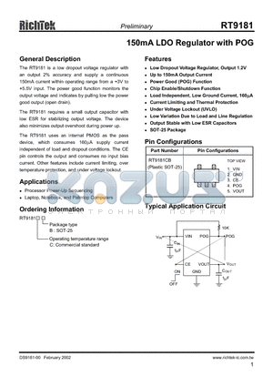 RT9181CB datasheet - 150MA LDO REGULATOR WITH POG