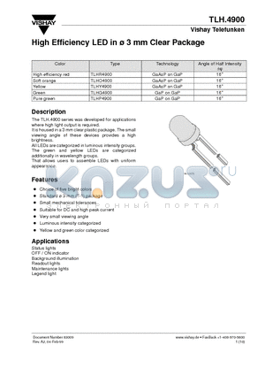 TLHR4900 datasheet - High Efficiency LED in 3 mm Clear Package