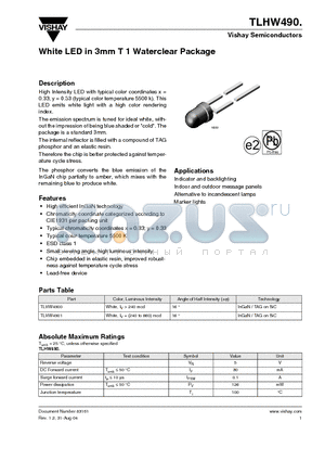 TLHW490 datasheet - White LED in 3mm T 1 Waterclear Package