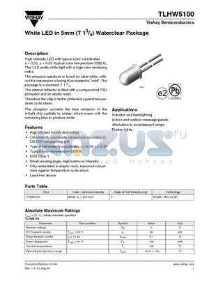 TLHW5100 datasheet - White LED in 5mm (T 1 3/4) Waterclear Package