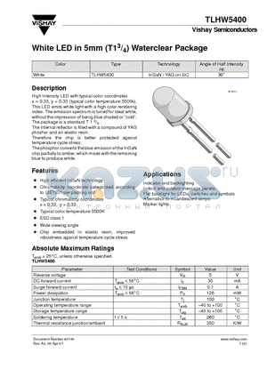 TLHW5400 datasheet - White LED in 5mm (T1 3/4) Waterclear Package