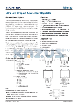 RT9183 datasheet - Ultra Low Dropout 1.5A Linear Regulator