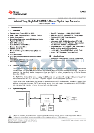 TLK100 datasheet - Industrial Temp, Single Port 10/100 Mb/s Ethernet Physical Layer Transceiver