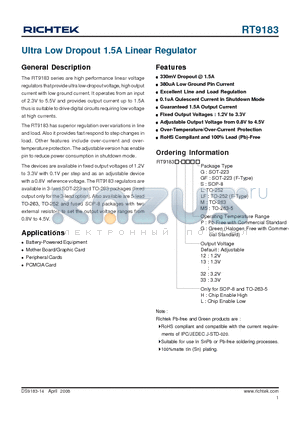 RT9183H-33CG datasheet - Ultra Low Dropout 1.5A Linear Regulator