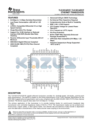 TLK1201AIRCPR datasheet - ETHERNET TRANSCEIVERS