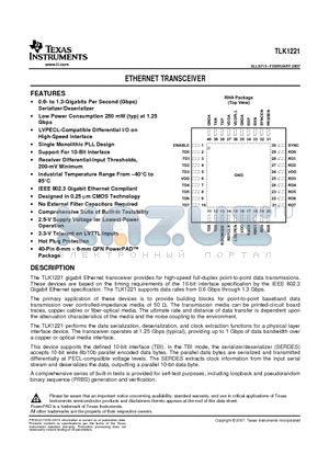 TLK1221RHARG4 datasheet - ETHERNET TRANSCEIVER