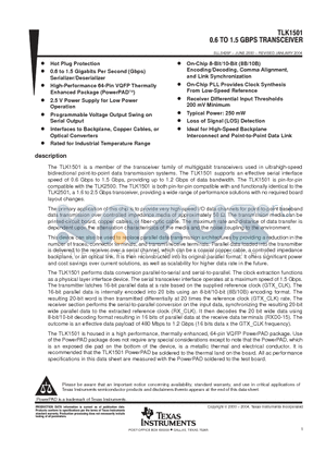 TLK1501 datasheet - 0.6 TO 1.5 GBPS TRANCEIVER