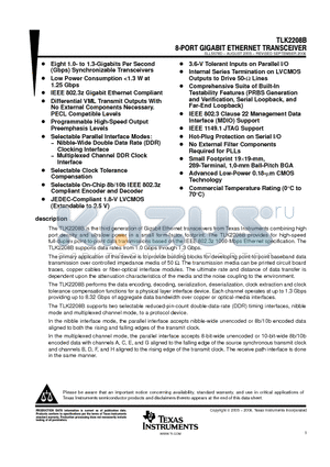 TLK2208B datasheet - 8-PORT GIGABIT ETHERNET TRANCSEIVER