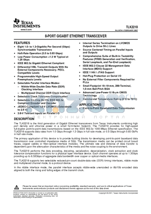 TLK2218 datasheet - 8-PORT GIGABIT ETHERNET TRANSCEIVER