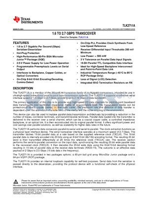 TLK2711AIRCPG4 datasheet - 1.6 TO 2.7 GBPS TRANSCEIVER
