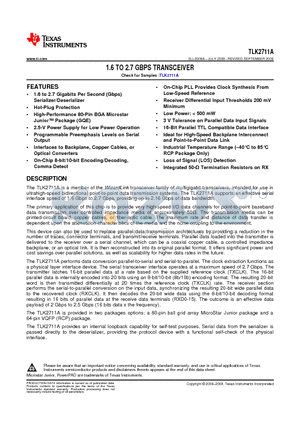 TLK2711AIRCPR datasheet - 1.6 TO 2.7 GBPS TRANSCEIVER