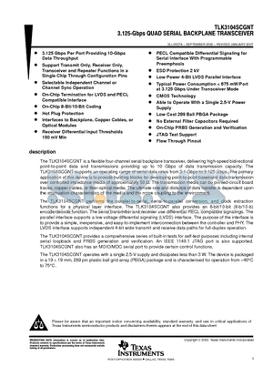 TLK3104SC datasheet - 3.125-Gbps QUAD SERIAL BACKPLANE TRANSCEIVER