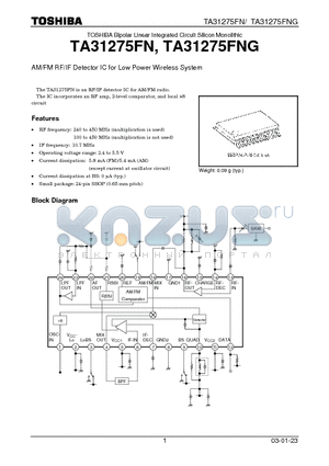 TA31275FN datasheet - AM/FM RF/IF Detector IC for Low Power Wireless System