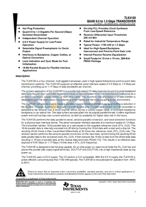 TLK4120IZPV datasheet - QUAD 0.5 to 1.3 Gbps TRANSCEIVER