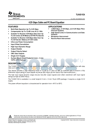 TLK4211EARGTRG4 datasheet - 4.25 Gbps Cable and PC Board Equalizer