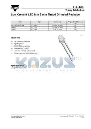 TLLG440 datasheet - Low Current LED in ^3 mm Tinted Diffused Package