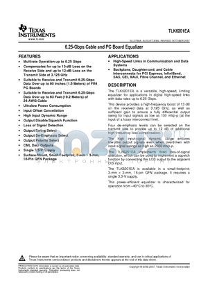 TLK6201EARGTT datasheet - 6.25-Gbps Cable and PC Board Equalizer