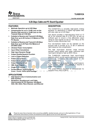 TLK6201EARGTTG4 datasheet - 6.25-Gbps Cable and PC Board Equalizer