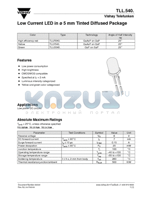 TLLG540 datasheet - Low Current LED in ^5 mm Tinted Diffused Package