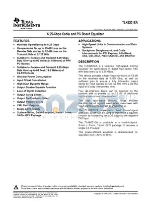 TLK6201EARGTR datasheet - 6.25-Gbps Cable and PC Board Equalizer