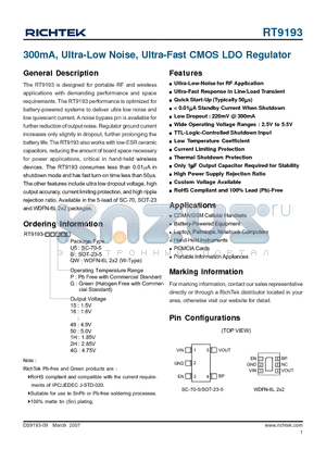 RT9193 datasheet - 300mA, Ultra-Low Noise, Ultra-Fast CMOS LDO Regulator