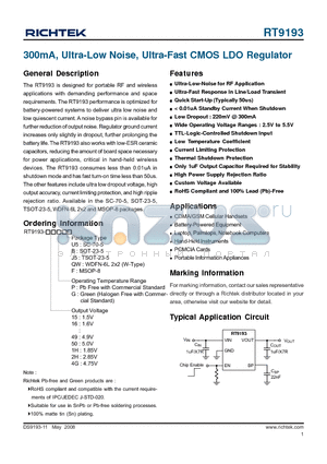 RT9193-15GJ5 datasheet - 300mA, Ultra-Low Noise, Ultra-Fast CMOS LDO Regulator