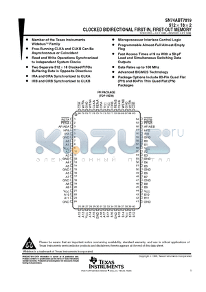 SN74ABT7819-20PH datasheet - 512  18  2 CLOCKED BIDIRECTIONAL FIRST-IN, FIRST-OUT MEMORY