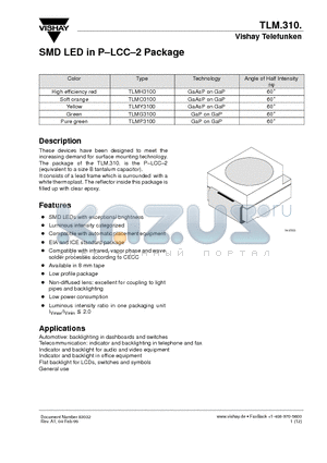 TLMG3100 datasheet - SMD LED in P-LCC-2 Package