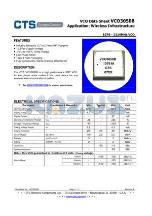 VCO3050B datasheet - 1079-1114MHz VCO