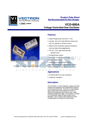 VCO600A155.52MHZ datasheet - Voltage Controlled Saw Oscillator