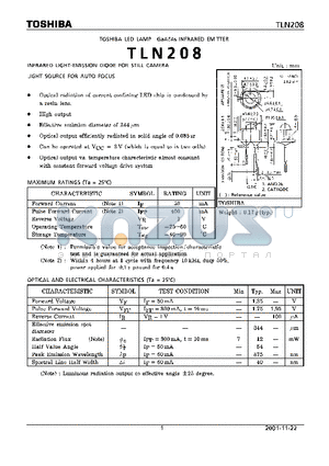 TLN208 datasheet - INFRARED LIGHT - EMISSION DIODE FOR STILL CAMERA LIGHT SOURCE FOR AUTO FOCUS