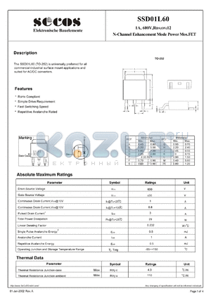 SSD01L60 datasheet - N-Channel Enhancement Mode Power Mos.FET