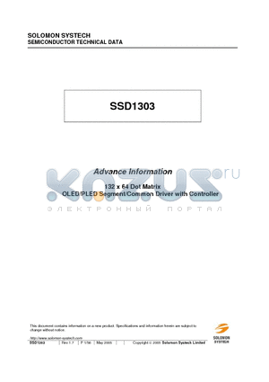 SSD1303T6R1 datasheet - 132 x 64 Dot Matrix OLED/PLED Segment/Common Driver with Controller