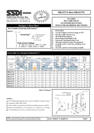 SDA117F datasheet - STANDARD RECOVERY SINGLE PHASE BRIDGE RECTIFIER