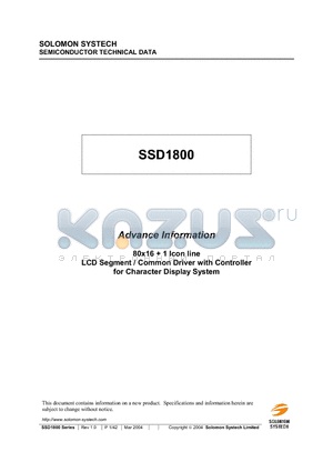 SSD1800Z datasheet - LCD Segment / Common Driver with Controller