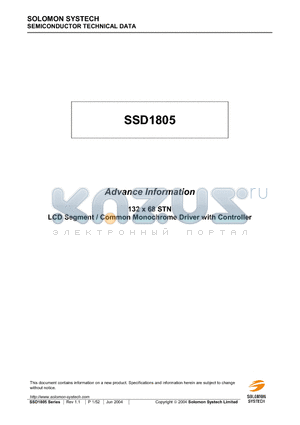 SSD1805Z datasheet - 132 x 68 STN LCD Segment / Common Monochrome Driver with Controller