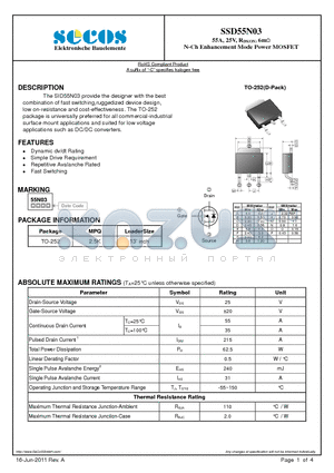 SSD55N03_11 datasheet - 55A, 25V, RDS(ON) 6m N-Ch Enhancement Mode Power MOSFET