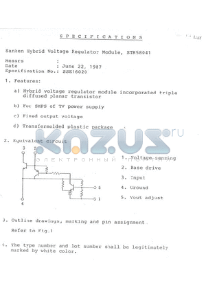SSE16020 datasheet - Sanken Hybrid Voltage Regulator Module, STR58041