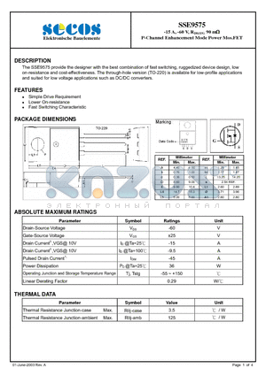 SSE9575 datasheet - P-Channel Enhancement Mode Power Mos.FET