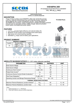 SSD40P04-20D datasheet - P-Ch Enhancement Mode Power MOSFET