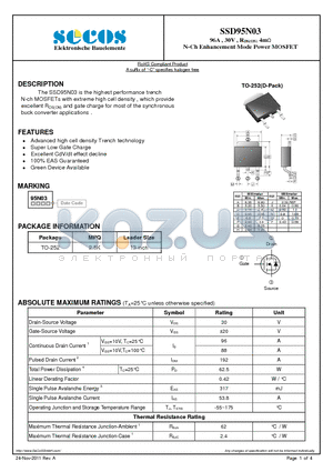 SSD95N03 datasheet - 96A , 30V , RDS(ON) 4m N-Ch Enhancement Mode Power MOSFET
