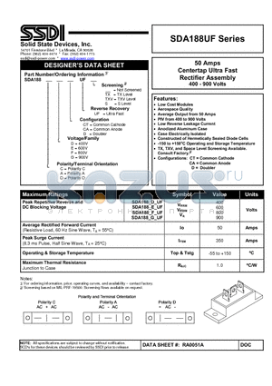 SDA188AGCAUFS datasheet - 50 Amps Centertap Ultra Fast Rectifier Assembly 400 - 900 Volts