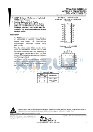 SN74AC245 datasheet - OCTAL BUS TRANSCEIVERS WITH 3-STATE OUTPUTS
