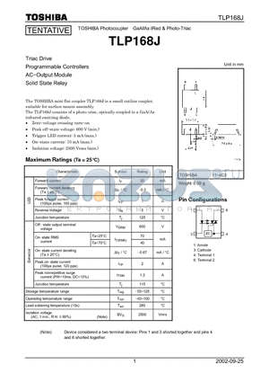 TLP168J datasheet - TOSHIBA Photocoupler GaALAs IRed & Photo-Triac