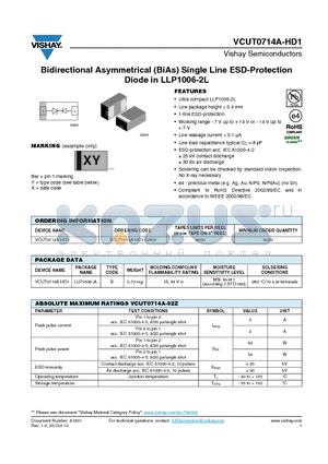 VCUT0714A-HD1-GS08 datasheet - Bidirectional Asymmetrical (BiAs) Single Line ESD-Protection Diode in LLP1006-2L