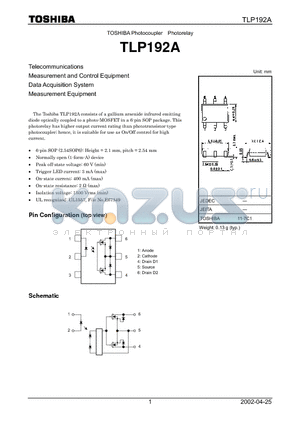 TLP192A datasheet - Photocoupler Photorelay