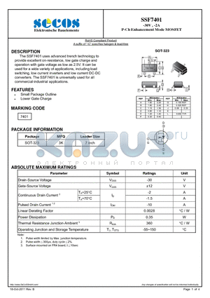 SSF7401 datasheet - -30V , -2A P-Ch Enhancement Mode MOSFET